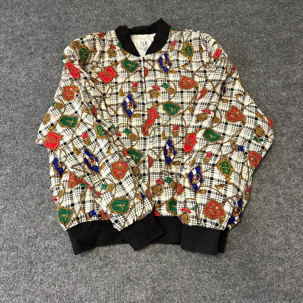 S.L.B. Sunny Leigh Jacket Womens Size M Silk Crest Plaid Bomber Vintage Zip Up